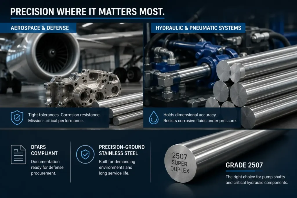 Precision-ground 2507 stainless steel bar for aerospace, defense, hydraulic, and pneumatic applications requiring tight tolerances and corrosion resistance.