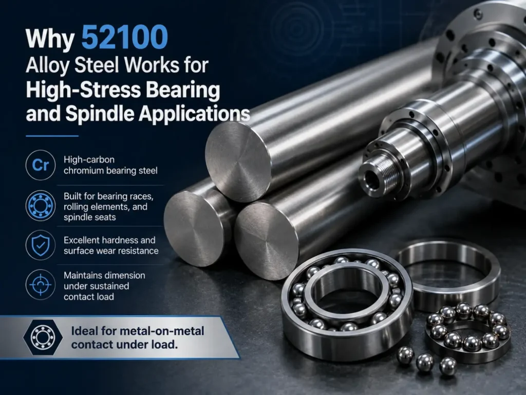 52100 alloy steel round bars used for high-stress bearing, spindle, and metal-on-metal applications requiring hardness, wear resistance, and dimensional stability.