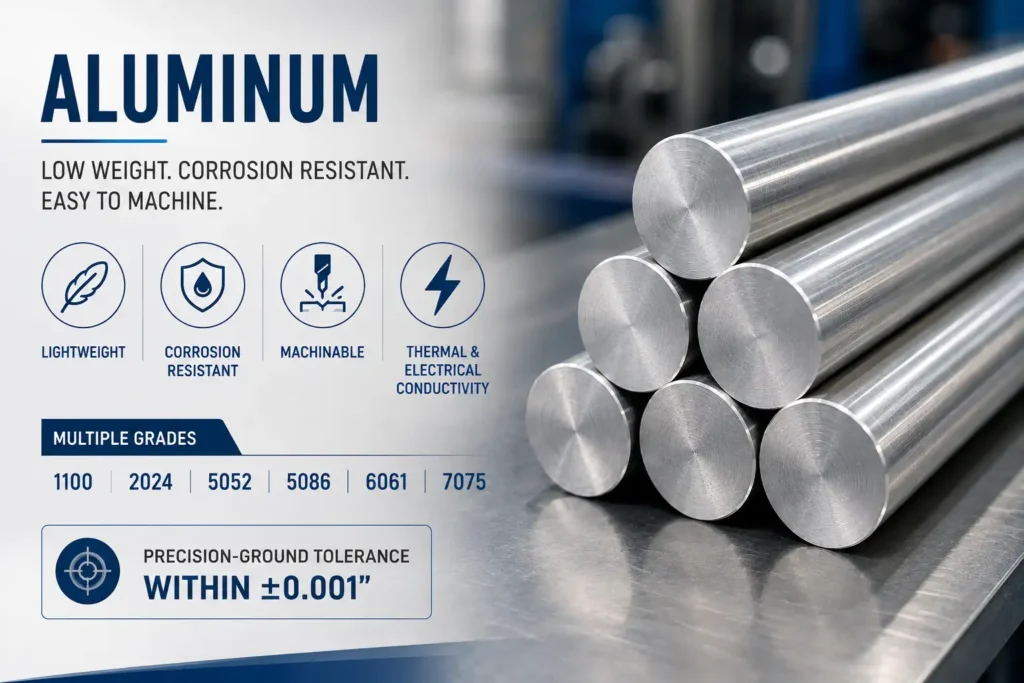 Precision-ground aluminum round bars highlighting low weight, corrosion resistance, machinability, and tight tolerances.