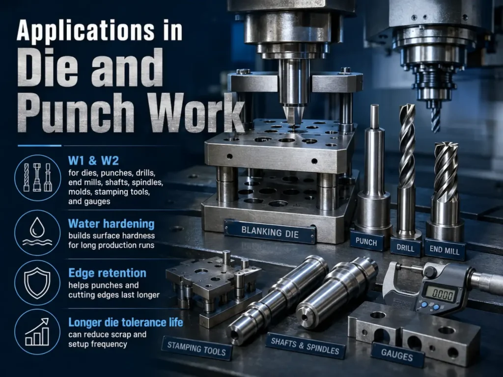 W1 and W2 tool steel used for dies, punches, drills, end mills, shafts, spindles, stamping tools, and gauges requiring hardness and edge retention.
